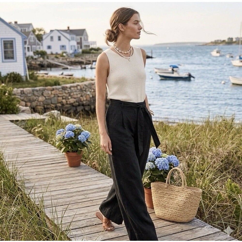 Sonoma Sz L Black Linen Blend Wide Leg Belted Pocket High Rise Pants Coastal